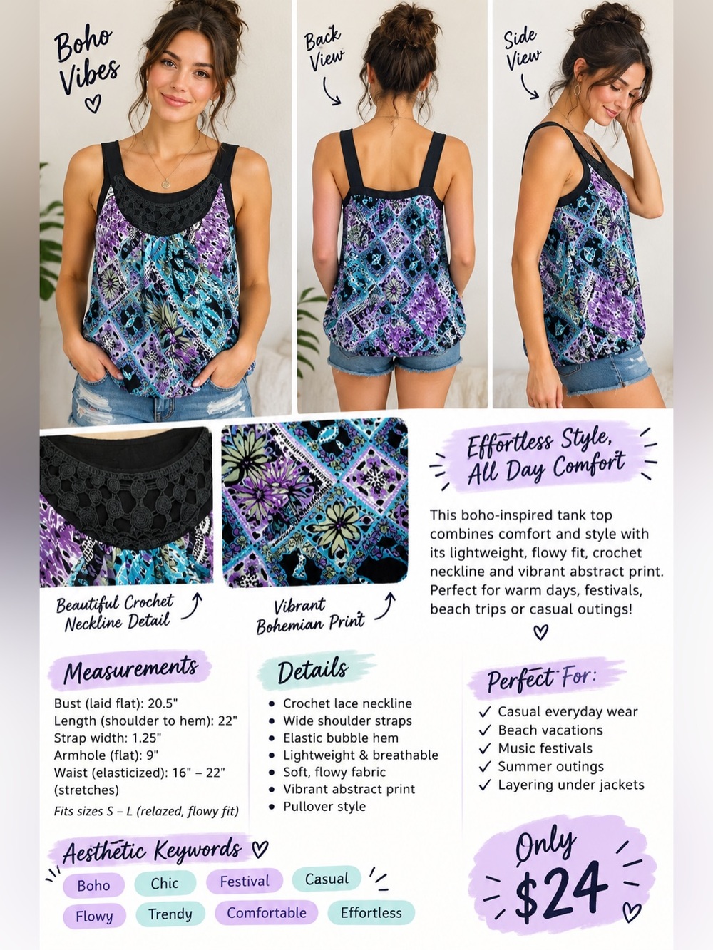 Wrapper Teal, Purple & Black Printed Crochet Yoke Tank
